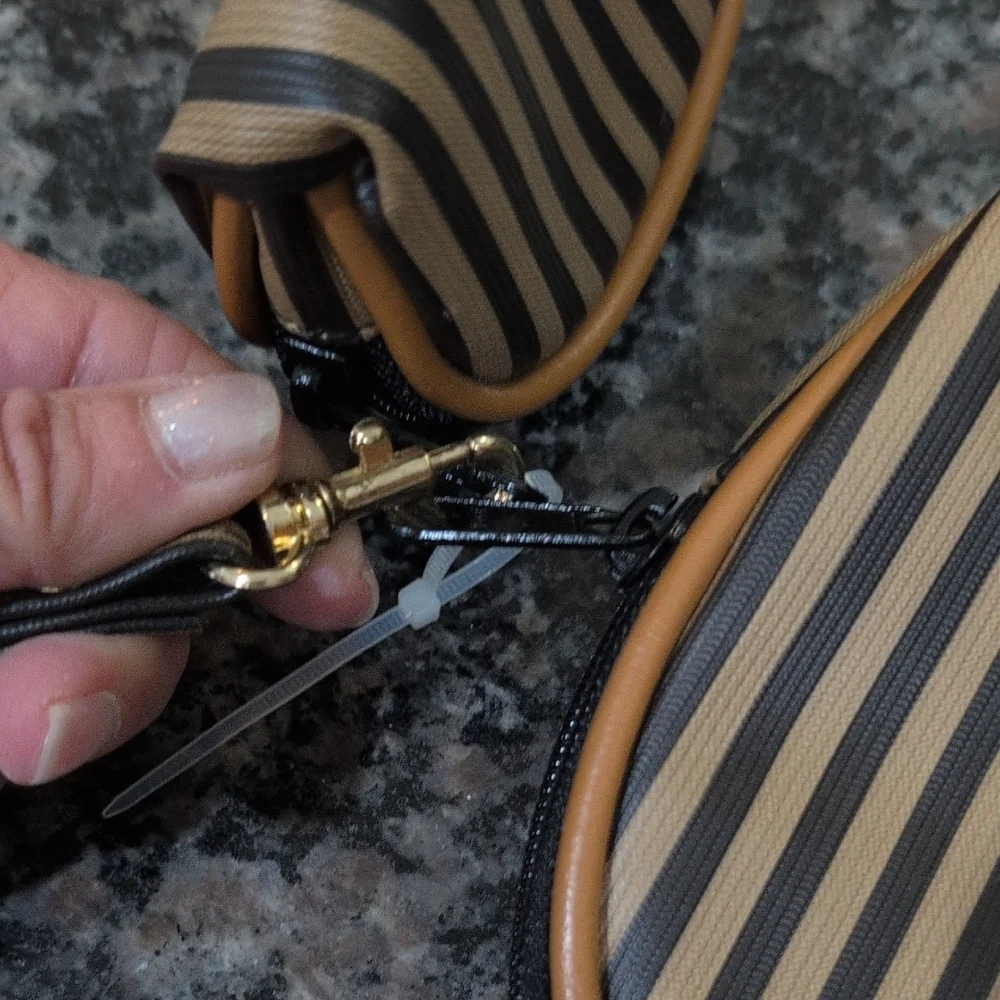 Striped Black and Tan Cosmetics Bag Set With Removable Wristlet And Small Pouch